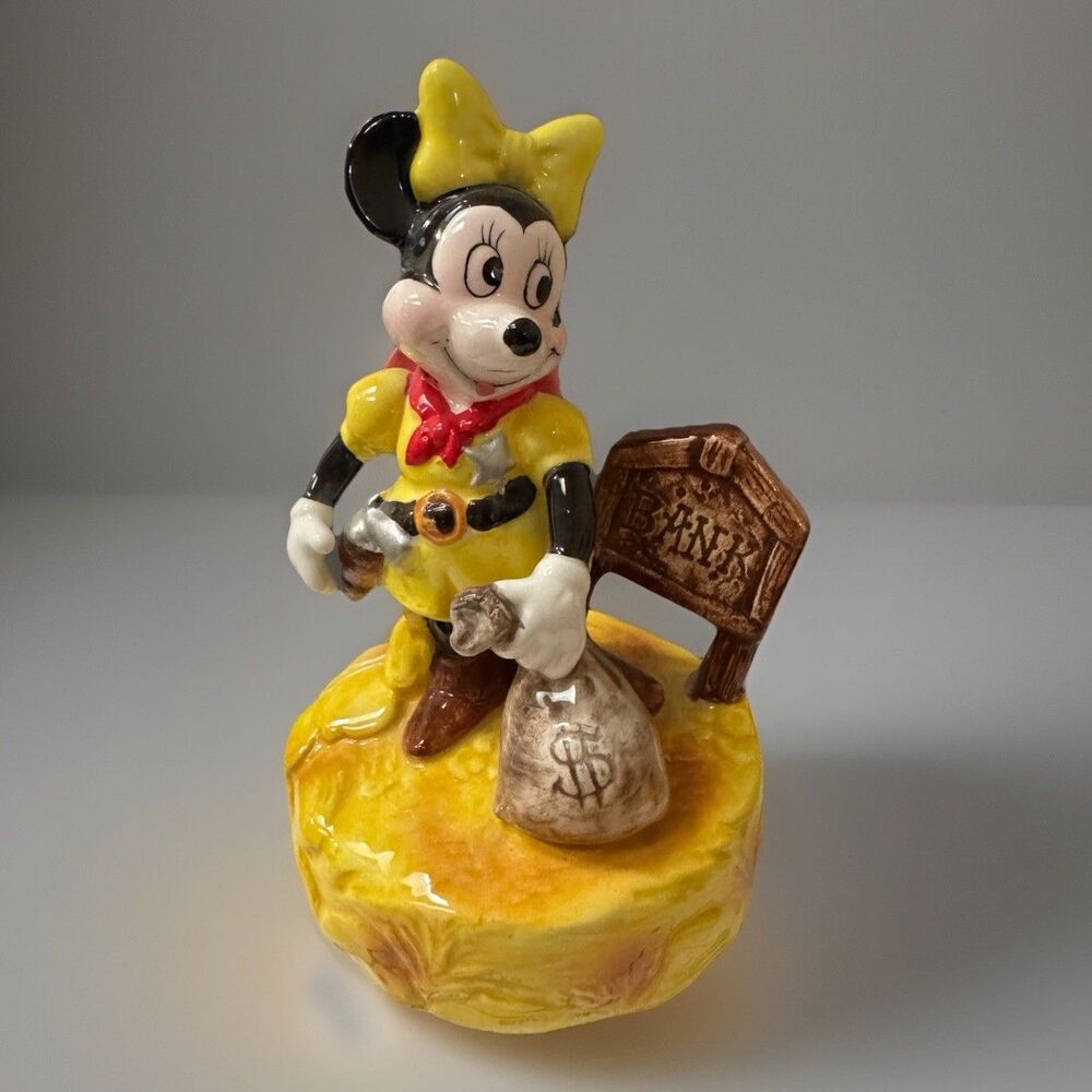 Vintage Walt Disney Minnie Mouse Cowboy Western Ceramic Music Box Bank - Schmid